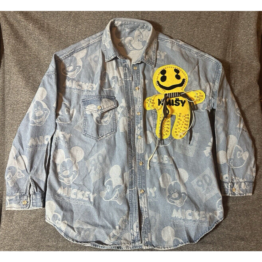 Mickey Mouse Shirt Womens XL Blue Denim Button Down 90 Year Walt Disney World